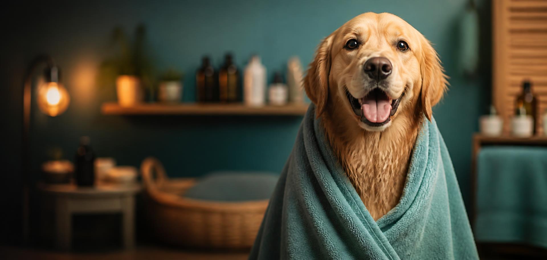 Perro limpio y feliz envuelto en una toalla después del baño